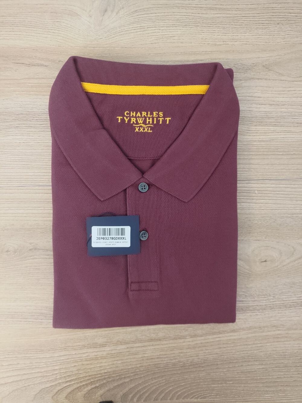 Button Neck Men's Polo Shirt 3XL Charles Tyrwhitt Burgundy Cotton Pique